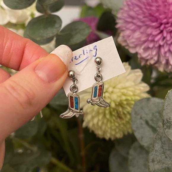 Sterling silver cowboy boots earrings turquoise - Picture 1 of 8